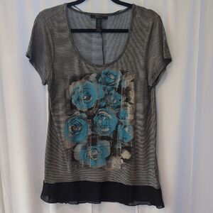 Style & Co Gray Floral Graphic Love Life Short Sleeve Top Black Scarf Trim MED